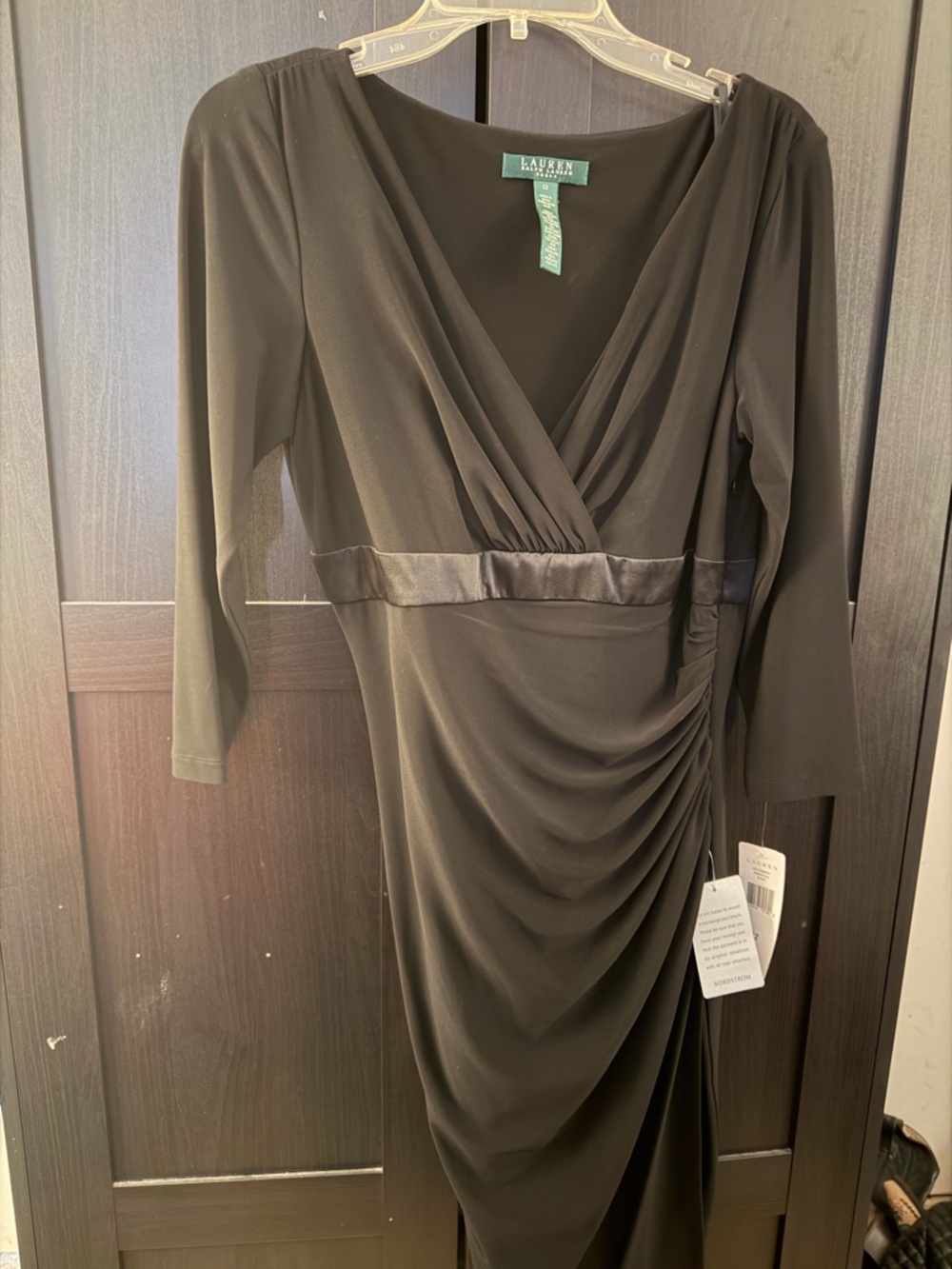 Ralph Lauren Black Long-Sleeve Wrap Dress with Satin Waistband